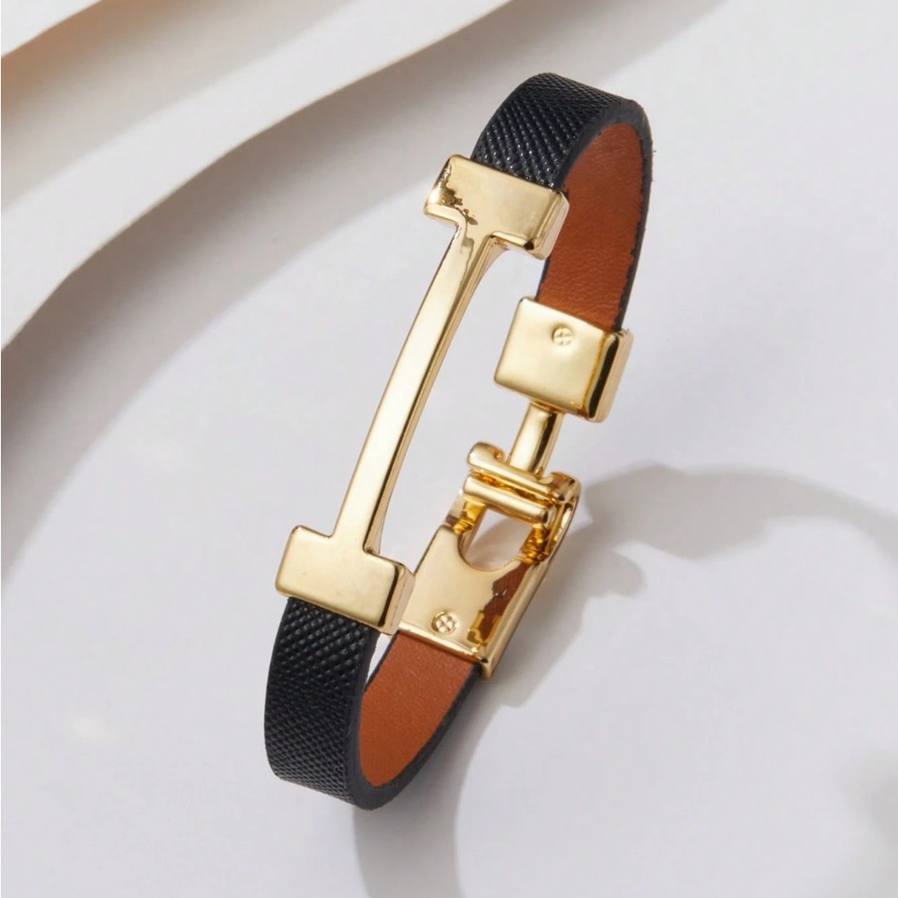 Black Vegan Leather Bracelet H Letter Goldtone Accent Boho Luxe Chic Cuff New